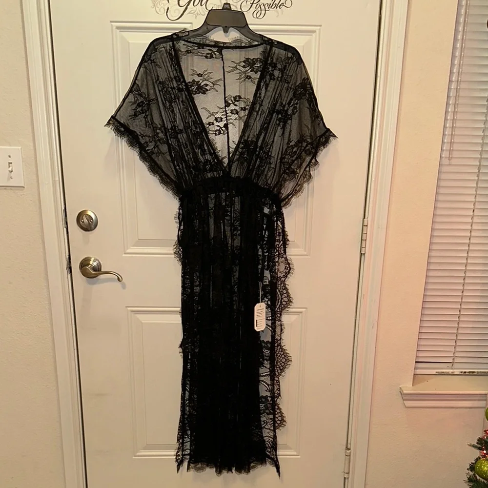 Vvbehot Sheer Black Lace Robe‎ with Deep V-Neck and Flowing Design